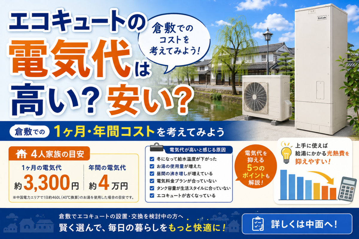 エコキュートの電気代は高い？安い？倉敷での1ヶ月・年間コストを考えてみよう