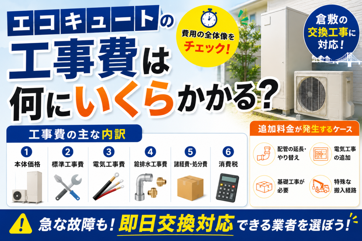 エコキュートの工事費は何にいくらかかる？費用の内訳と追加料金が発生するケース