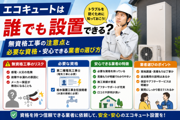 エコキュートは誰でも設置できる？無資格工事の注意点と必要な資格・安心できる業者の選び方
