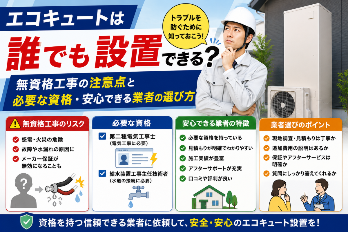 エコキュートは誰でも設置できる？無資格工事の注意点と必要な資格・安心できる業者の選び方