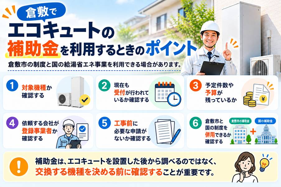 倉敷でエコキュートの補助金を利用する際に確認したい対象機種、受付状況、予算、登録事業者、申請条件など6つのポイント