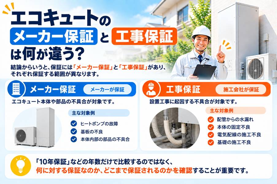 エコキュートのメーカー保証と工事保証の違いを対象となる故障や施工不良の例で比較した図解